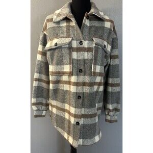 Fore Gray White Brown Plaid Button Up Wool Blend Flannel Shacket Woman's Size XS